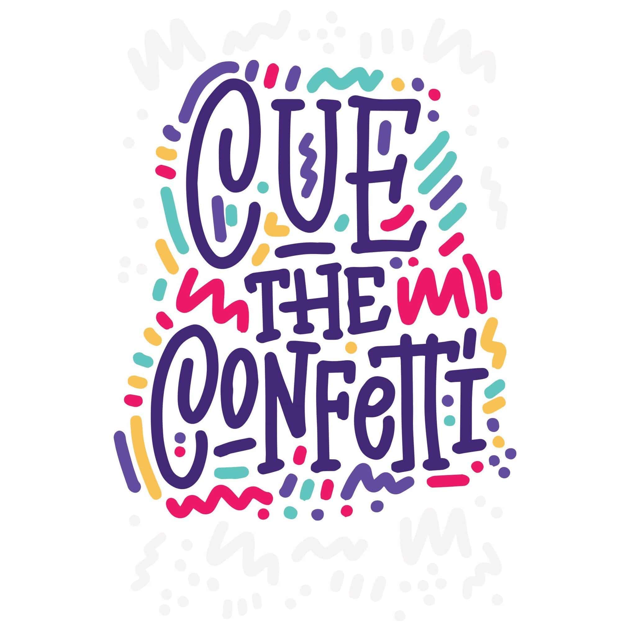 Pictura Cue The Confetti birthday card featuring colorful confetti illustrations on a festive greeting card.